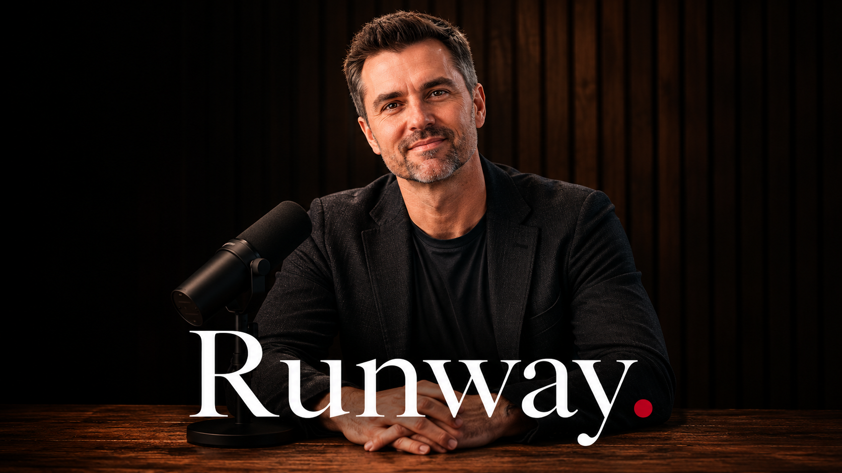 Dave Eyerly, host of Runway, at the advisor.TV studio table.