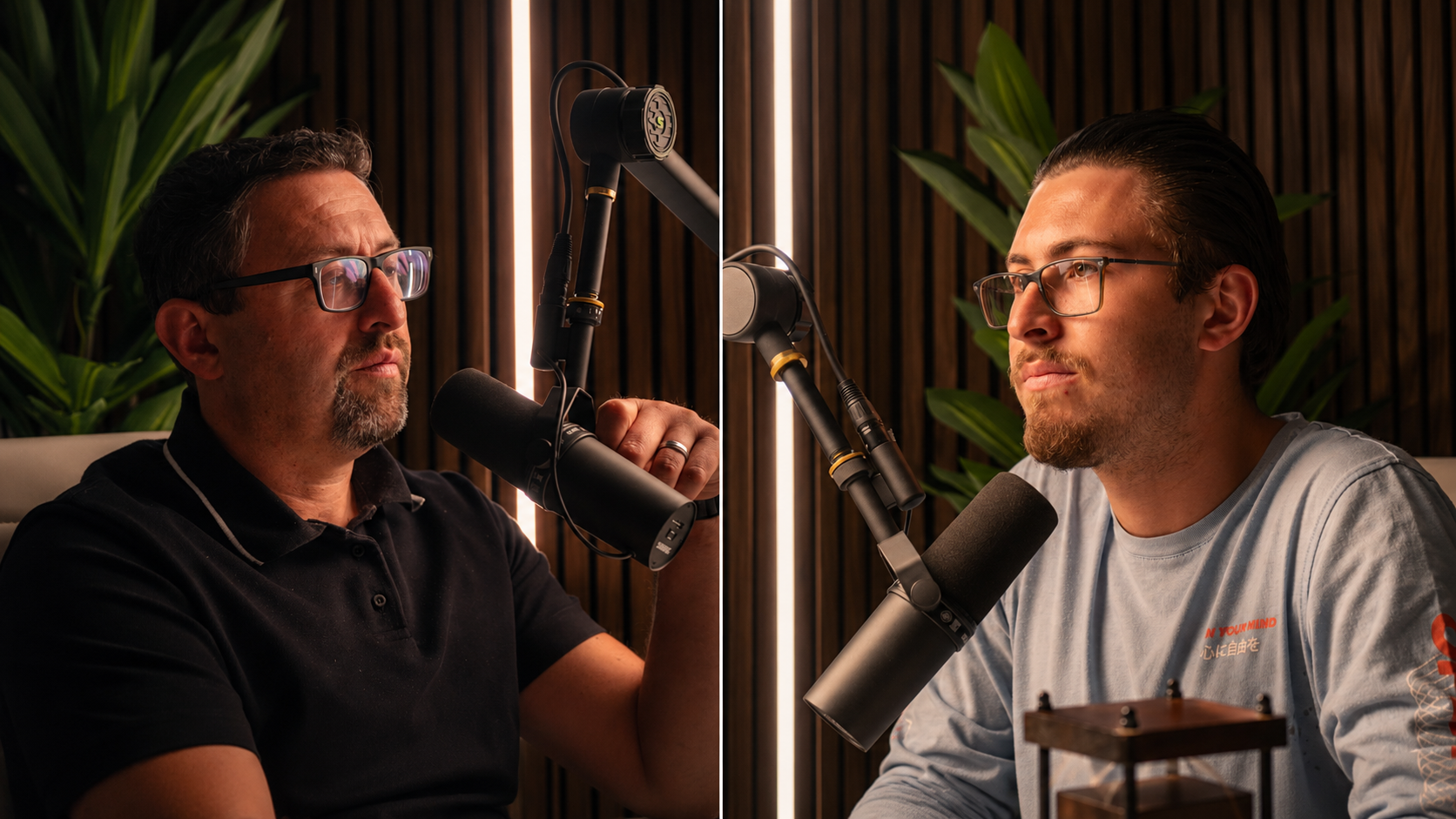 Two hosts recording a conversation in the advisor.TV studio.